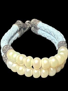 Ross-Simons 925 Sterling Silver Pearl Style & Blue Braided Leather Bracelet